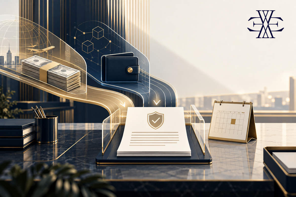 Cash foreign exchange and virtual asset transfer documentation, original Ewaider editorial illustration with official logo