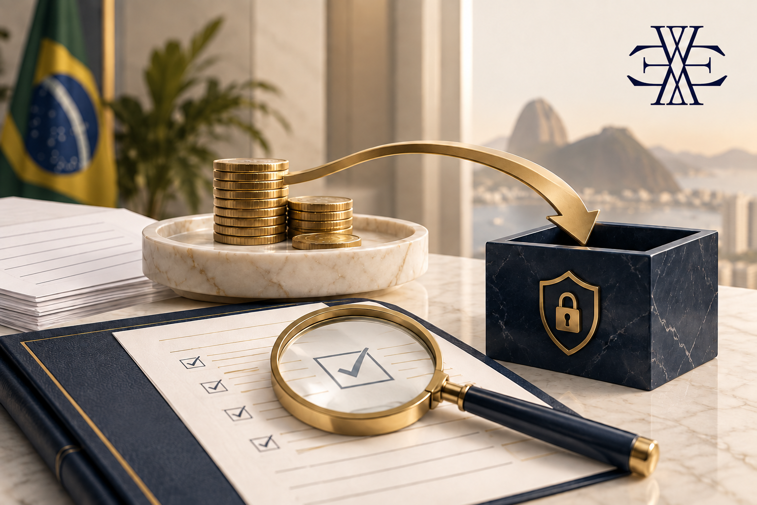FGTS refund recovery controls; original editorial illustration with Ewaider official monogram