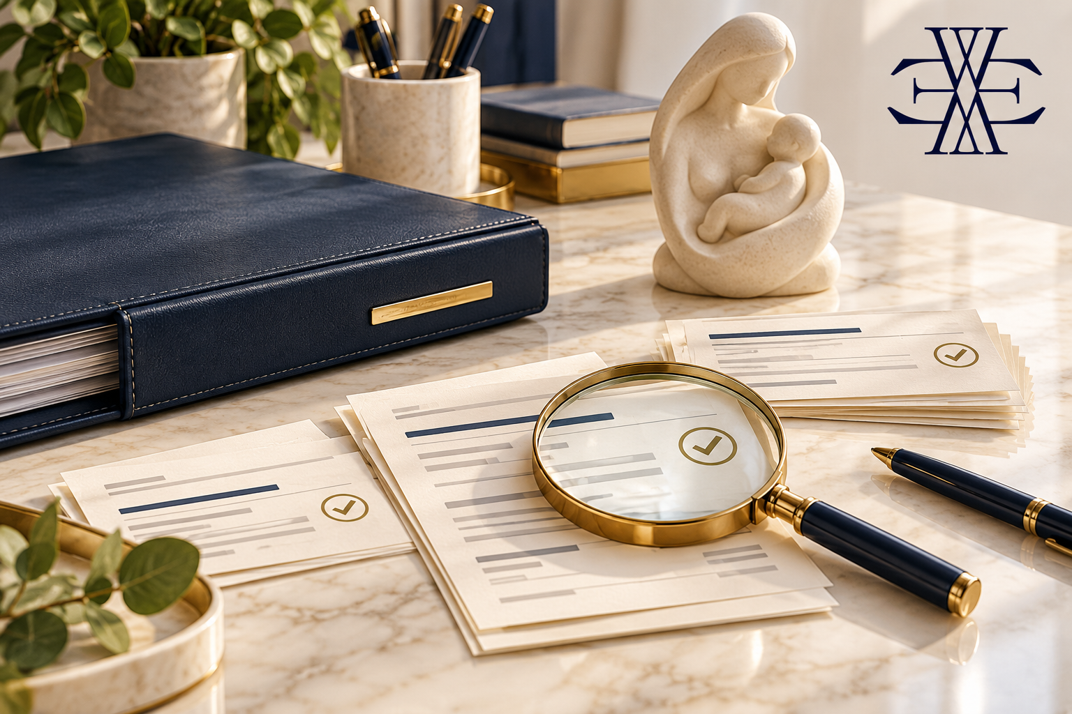 Payroll evidence reviewed with a magnifying glass beside an ivory parent and child sculpture; original Ewaider editorial illustration.