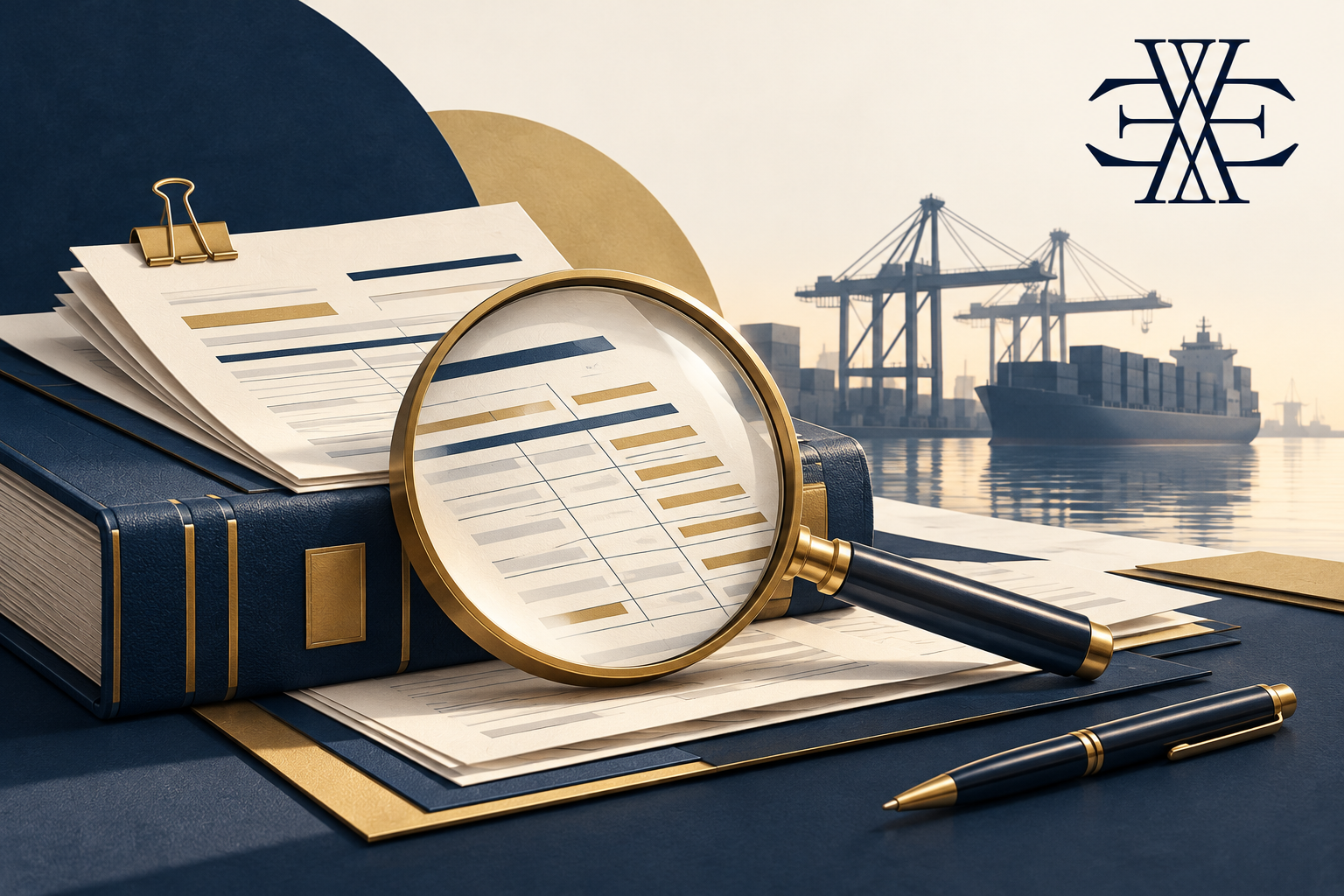 Original Ewaider editorial illustration of invoice validation, accounting records and customs operations, with the official monogram at top right.