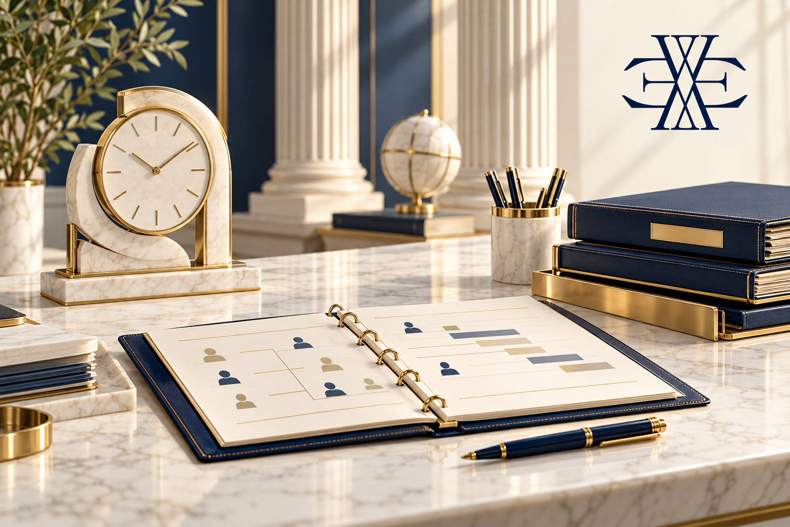 Original Ewaider editorial illustration of a clock, workforce roster and planning records on an ivory marble desk, with the official monogram at top right.