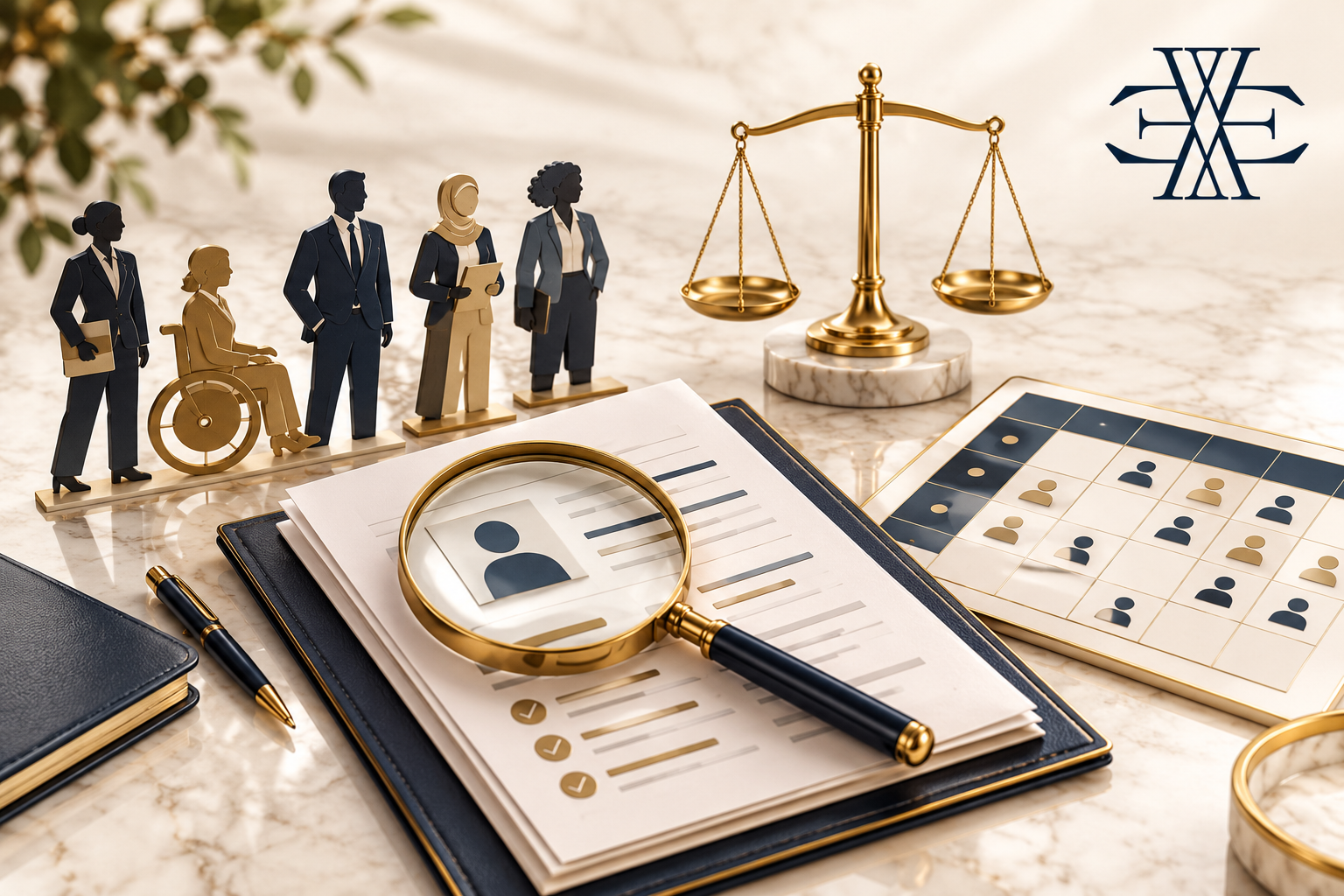 Original Ewaider editorial illustration of individual evidence review for disability-quota compliance, with the official logo at top right.