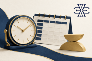 Original Ewaider illustration of working-time planning, a clock and calendar; official logo at top right.