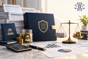 FGTS debt records, worker-linked balances and settlement comparison; original Ewaider editorial illustration with official logo
